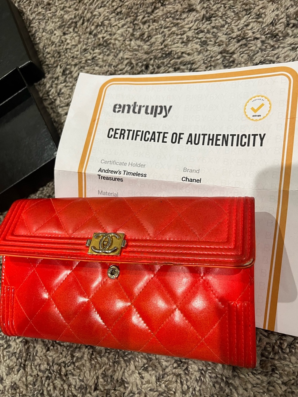 Authentic CHANEL Red Quilted Satin Flap Bag with Gold Chain